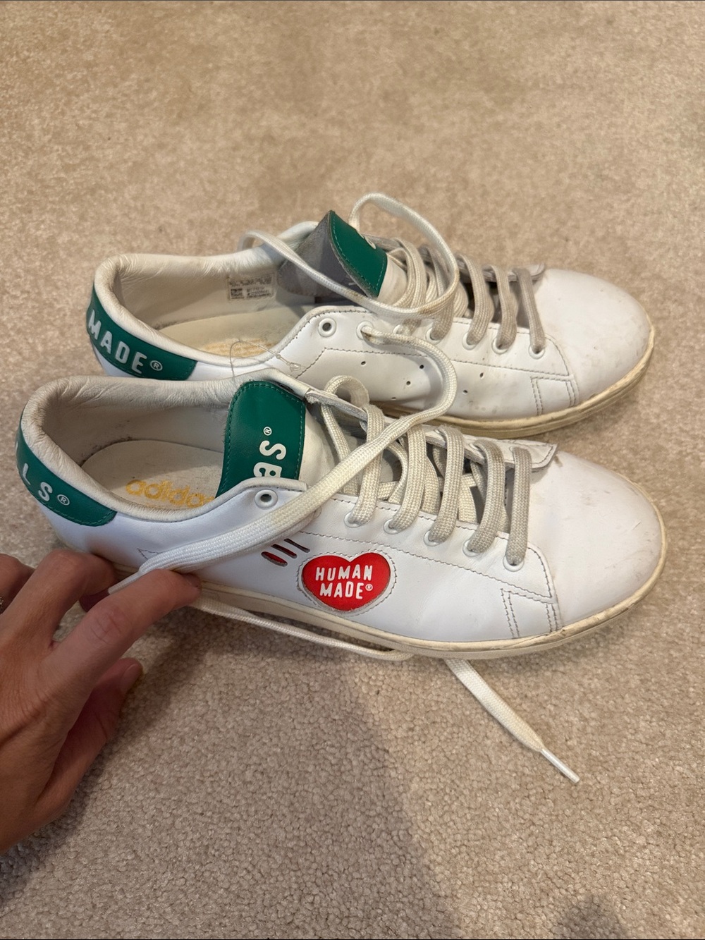 Human Made White Sneakers with Green Heel and Tongue